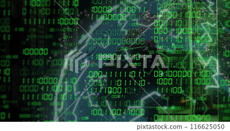 Image of green binary data processing over global network on dark background 116625050