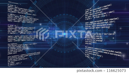 Image of text data processing over blue circular scanner, interface outlines and light spots Image of text data processing over blue circular scanner, interface outlines and light spots 116625073