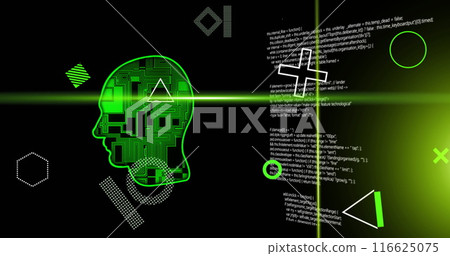 Image of green scanner beams and rotating shapes over network head and processing data on black 116625075