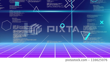 Image of rotating shapes and blue scanner beams over data processing on grid and blue background Image of rotating shapes and blue scanner beams over data processing on grid and blue background 116625076
