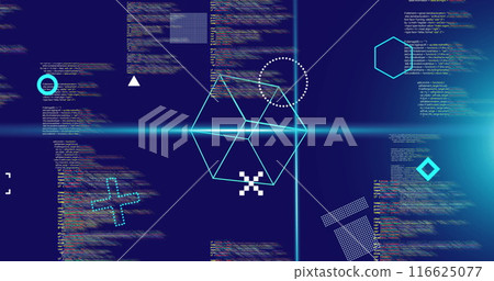 Image of rotating shapes and blue scanner beams over data processing on blue background Image of rotating shapes and blue scanner beams over data processing on blue background 116625077