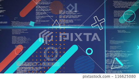 Image of moving shapes and blue scanner beams over data processing on blue background 116625080