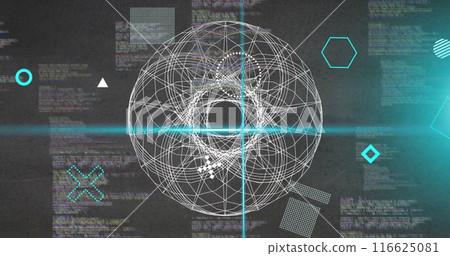 Image of rotating shapes and blue scanner beams over 3d network and data processing on grey Image of rotating shapes and blue scanner beams over 3d network and data processing on grey 116625081