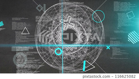 Image of rotating shapes and blue scanner beams over 3d network and data processing on grey Image of rotating shapes and blue scanner beams over 3d network and data processing on grey 116625082