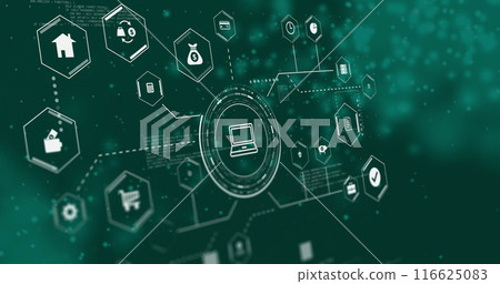 Image of network of connections with icons and data processing over spots on black background Image of network of connections with icons and data processing over spots on black background 116625083