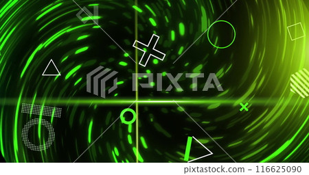 Image of rotating shapes and green scanner beams over swirling green lights on black background Image of rotating shapes and green scanner beams over swirling green lights on black background 116625090