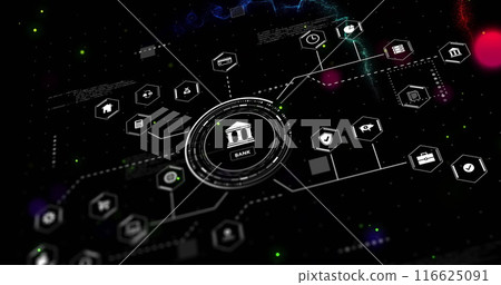 Image of network of connections with icons and data processing over spots on black background Image of network of connections with icons and data processing over spots on black background 116625091