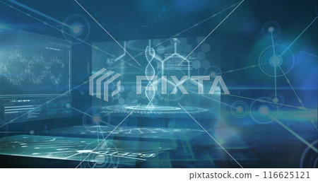 Image of network of connections against screens with medical data processing on blue background 116625121