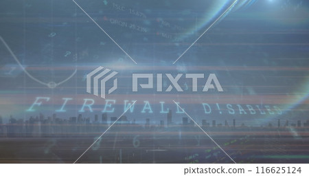 Image of cyber security data processing and light trails against view of cityscape 116625124