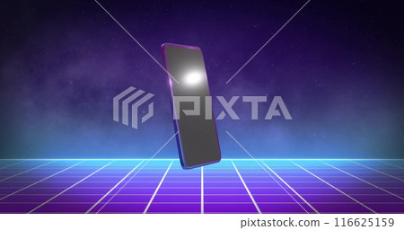 Image of smartphone over lines and stars on black background 116625159