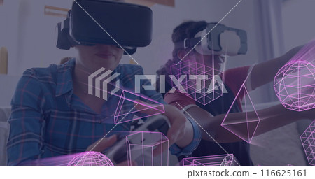 Image of shapes over diverse friends using vr headsets Image of shapes over diverse friends using vr headsets 116625161