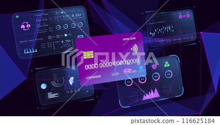 Image of credit card with data processing over network of connections on black background 116625184