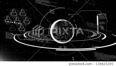 Image of globe with icons and data processing over black background 116625205