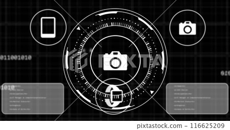 Image of scope with icons and data processing over black background Image of scope with icons and data processing over black background 116625209