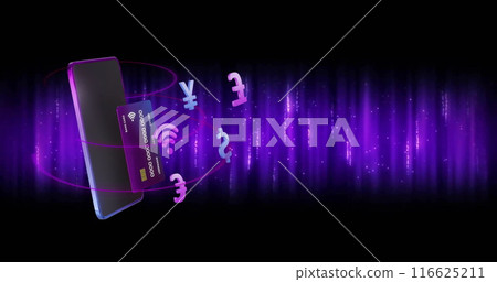 Image of smartphone and credit card with currency icons over light trails on black background Image of smartphone and credit card with currency icons over light trails on black background 116625211