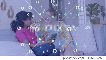 Image of icons and data processing over diverse women using smartphone Image of icons and data processing over diverse women using smartphone 116625269