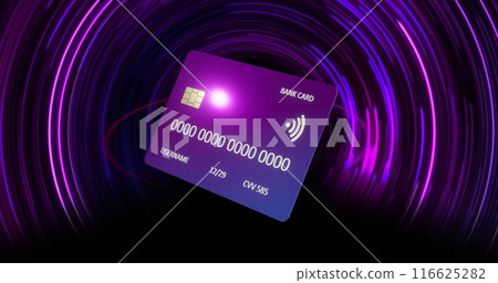 Image of credit card over colourful circles on black background 116625282