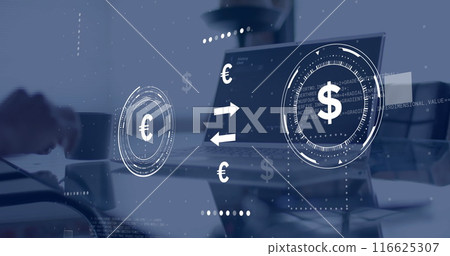 Image of currency symbols with data processing over african american businessman using laptop Image of currency symbols with data processing over african american businessman using laptop 116625307