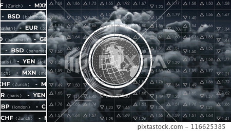 Image of globe with data processing over cloud background 116625385