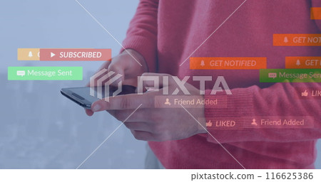 Image of social media icons floating against mid section of man using smartphone Image of social media icons floating against mid section of man using smartphone 116625386
