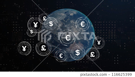 Image of globe with currency symbols over spots on black background Image of globe with currency symbols over spots on black background 116625399