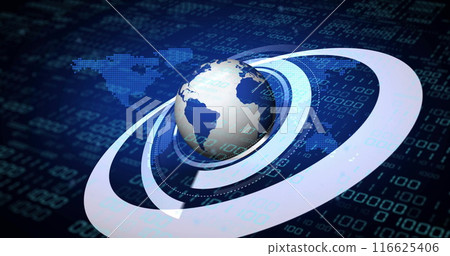 Image of globe with binary coding and data processing over dark background Image of globe with binary coding and data processing over dark background 116625406