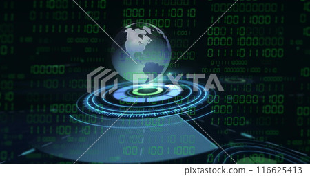 Image of globe with binary coding and data processing over dark background Image of globe with binary coding and data processing over dark background 116625413