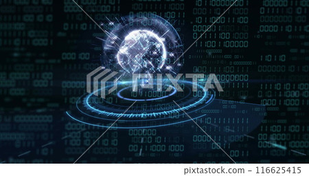 Image of globe with binary coding and data processing over dark background Image of globe with binary coding and data processing over dark background 116625415