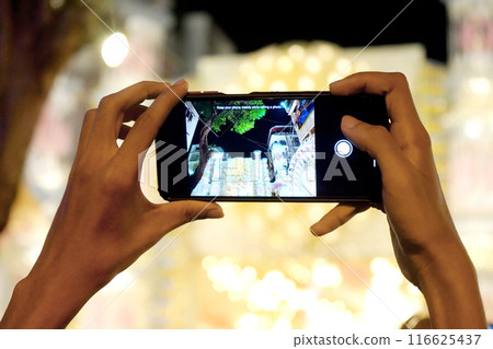 Visitor Clicking Mudiali Durga Puja Pandal with his Smart Phone 116625437