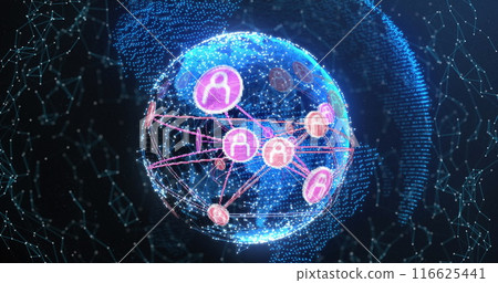 Image of network of digital icons over glowing globe spinning against black background Image of network of digital icons over glowing globe spinning against black background 116625441
