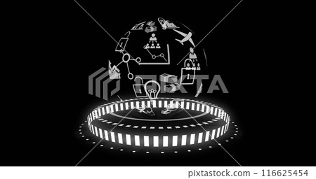 Image of globe with icons and data processing over black background 116625454