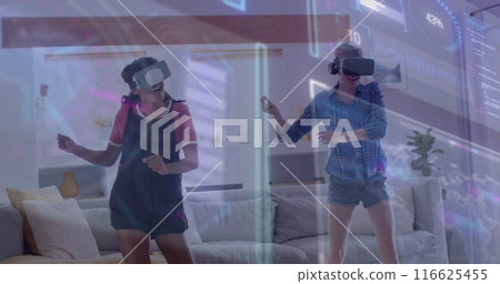Image of data processing over diverse women using vr headsets 116625455