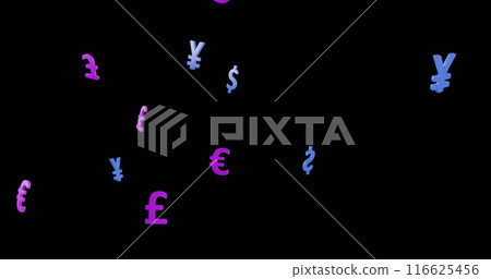 Image of currency symbols on black background 116625456