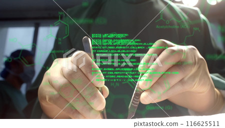 Image of scientific data processing over caucasian male surgeon in hospital Image of scientific data processing over caucasian male surgeon in hospital 116625511