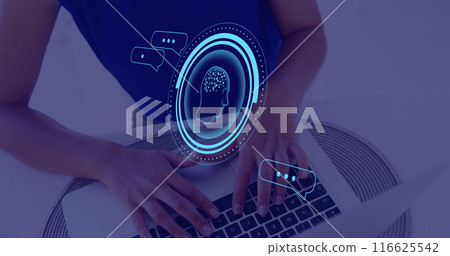 Image of brain and ai data processing over caucasian woman using computer 116625542