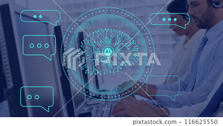 Image of ai data processing and brain over diverse people using computers Image of ai data processing and brain over diverse people using computers 116625550