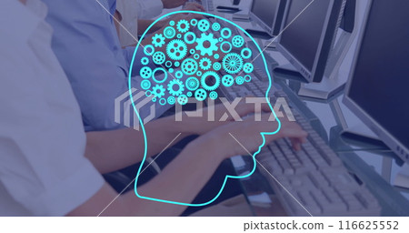 Image of ai brain with cogs over diverse people using computers Image of ai brain with cogs over diverse people using computers 116625552
