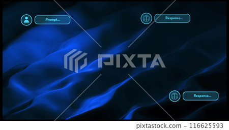 Image of ai data processing with icons over blue light trails background 116625593