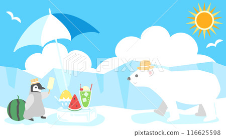 Cute illustration of penguins and polar bears for summer greetings and summer images. Aspect ratio 16:9 version 116625598