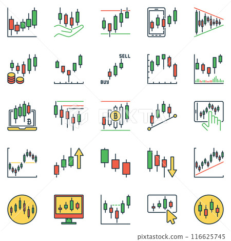 Candlestick Charts colored icons set. Red and green Candlesticks vector symbols Candlestick Charts colored icons set. Red and green Candlesticks vector symbols 116625745