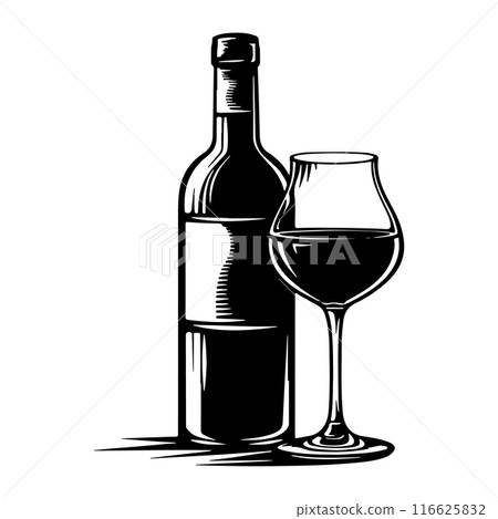 Wine Bottle and Glass Wineyard and Bar Logo. Black and White restaurant or Wine Company Identity Symbol. Vector Simple Design Element. Wine Bottle and Glass Wineyard and Bar Logo. Black and White restaurant or Wine Company Identity Symbol. Vector Simple Design Element. 116625832
