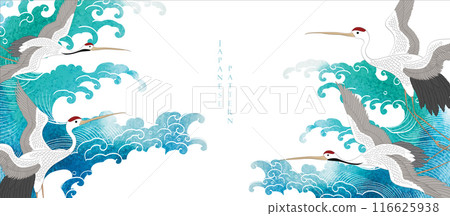 Crane birds element pattern with ocean wave decoration banner design in vintage style. Japanese background with blue watercolor texture painting element vector.  Marine template. 116625938
