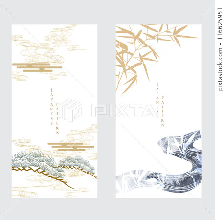 Oriental natural wave pattern with bonsai tre and bamboo leaf decoration design in vintage style. Japanese background with watercolor texture painting element vector. Frame and border template. 116625951