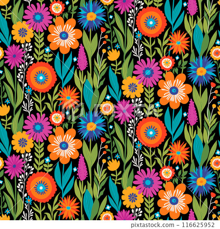 Half drop Floral Seamless Pattern of Fantasy Flowers in Green, Orange, Purple, Blue, Red and White Colors on Black. Wallpaper Design for Textiles, Papers, Prints, Fashion, Beauty Products, Wrappings. 116625952