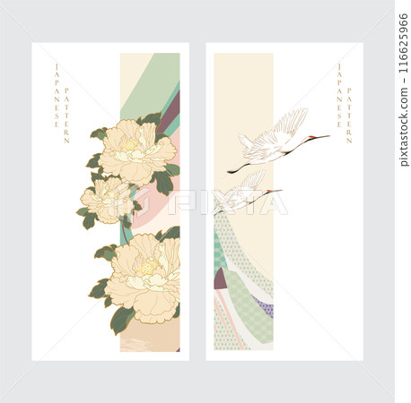 Japanese background with crane birds with peony flower decorations in vintage style. Japanese elements card design. 116625966