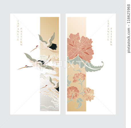 Japanese background with hand drawn Chrysanthemum decorations in vintage style. Crane birds and hand drawn wave card and template design 116625968