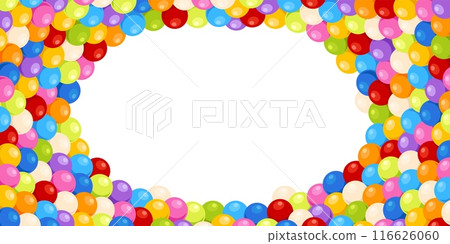 Cartoon balls background. Round multicolored chewing gum. Kids entertainment area elements. Children border. Plastic spheres. Sweets and candies heap. Gumball dragee. Recent vector frame 116626060