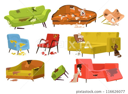 Cartoon broken couches. Dirty old sofas. Damaged soft furniture. Room elements with torn upholstery. Protruding springs. Abandoned home. Ragged armchair cushion. Splendid vector set Cartoon broken couches. Dirty old sofas. Damaged soft furniture. Room elements with torn upholstery. Protruding springs. Abandoned home. Ragged armchair cushion. Splendid vector set 116626077