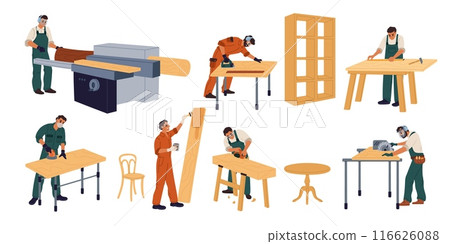 Cartoon carpenters with timber. Professional woodworker planing logs. Man sawing and measuring planks. Furniture manufacture processing. Table or cabinet assembly. Garish vector set 116626088