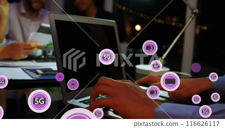 Image of 5g text in circles , diverse coworkers discussing reports and working on laptop 116626117